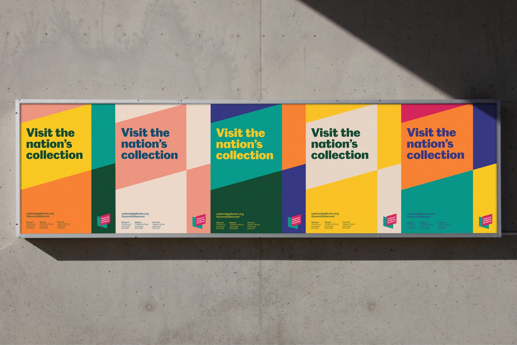 Five 'Visit the nation's collection' posters in different colourways, showing the cultural brand identity system