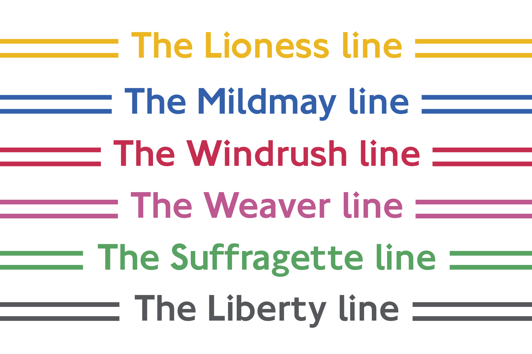 Colour-coded transport network naming: Lioness, Mildmay, Windrush, Weaver, Suffragette and Liberty line names